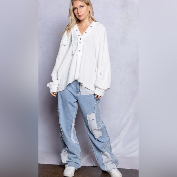 POL Those Girls Half Button Embroidered Gauze Hoodie Top - Picture 5 of 6